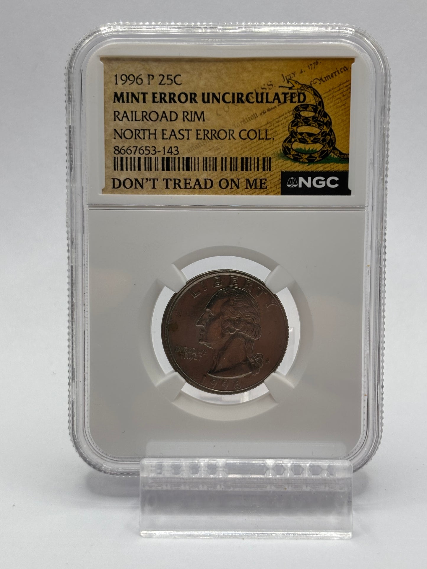 1996 USA 25 Cent Error. Railroad Rim. NGC graded Uncirculated