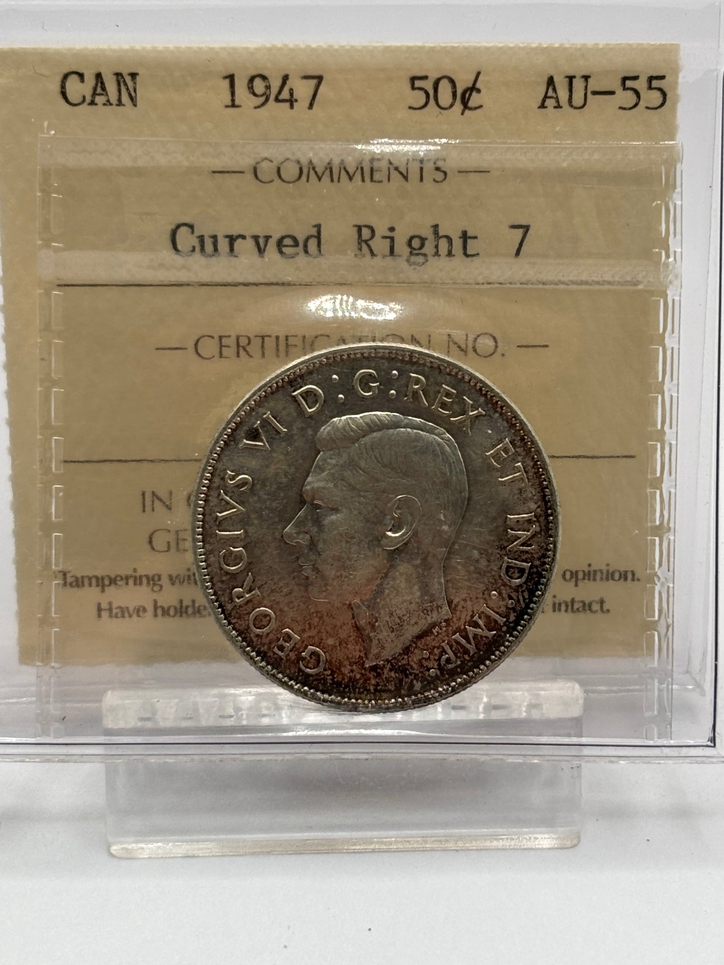 1947 Canada 50 Cents Curved Right 7, ICCS graded AU55