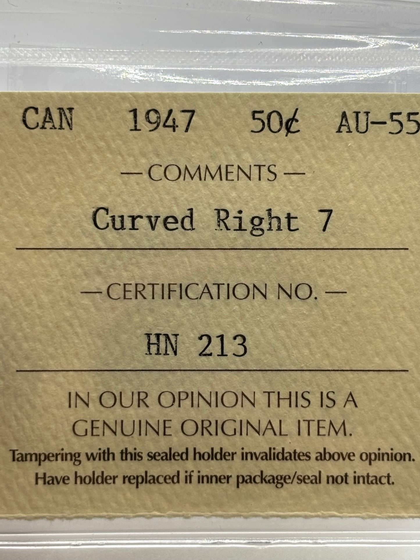1947 Canada 50 Cents Curved Right 7, ICCS graded AU55