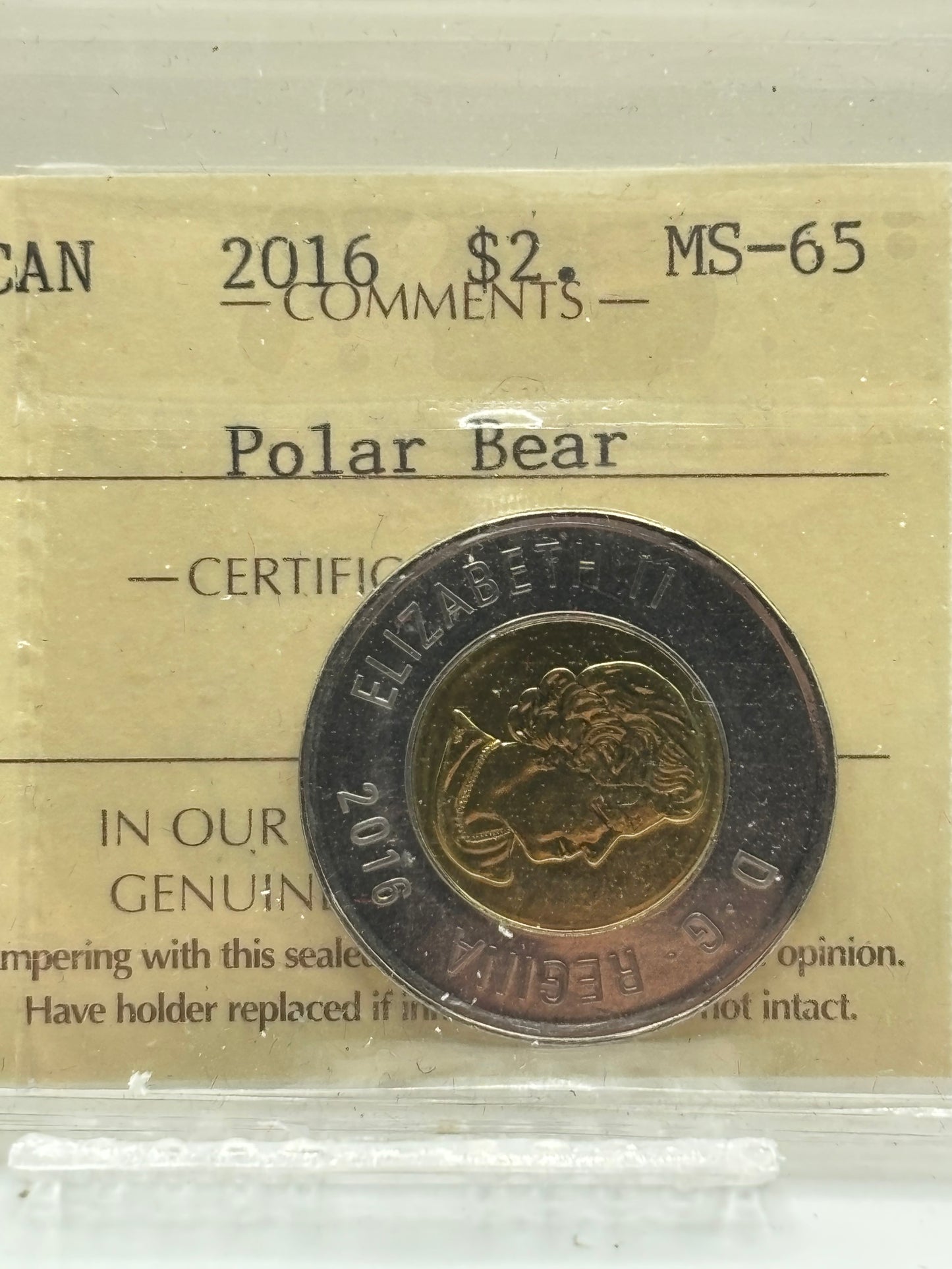 2016 Canada $2 Polar Bear. ICCS graded MS-65