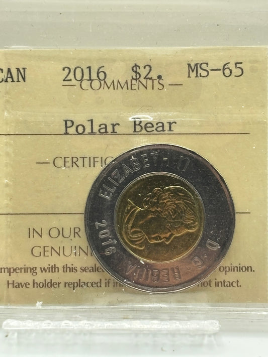 2016 Canada $2 Polar Bear. ICCS graded MS-65