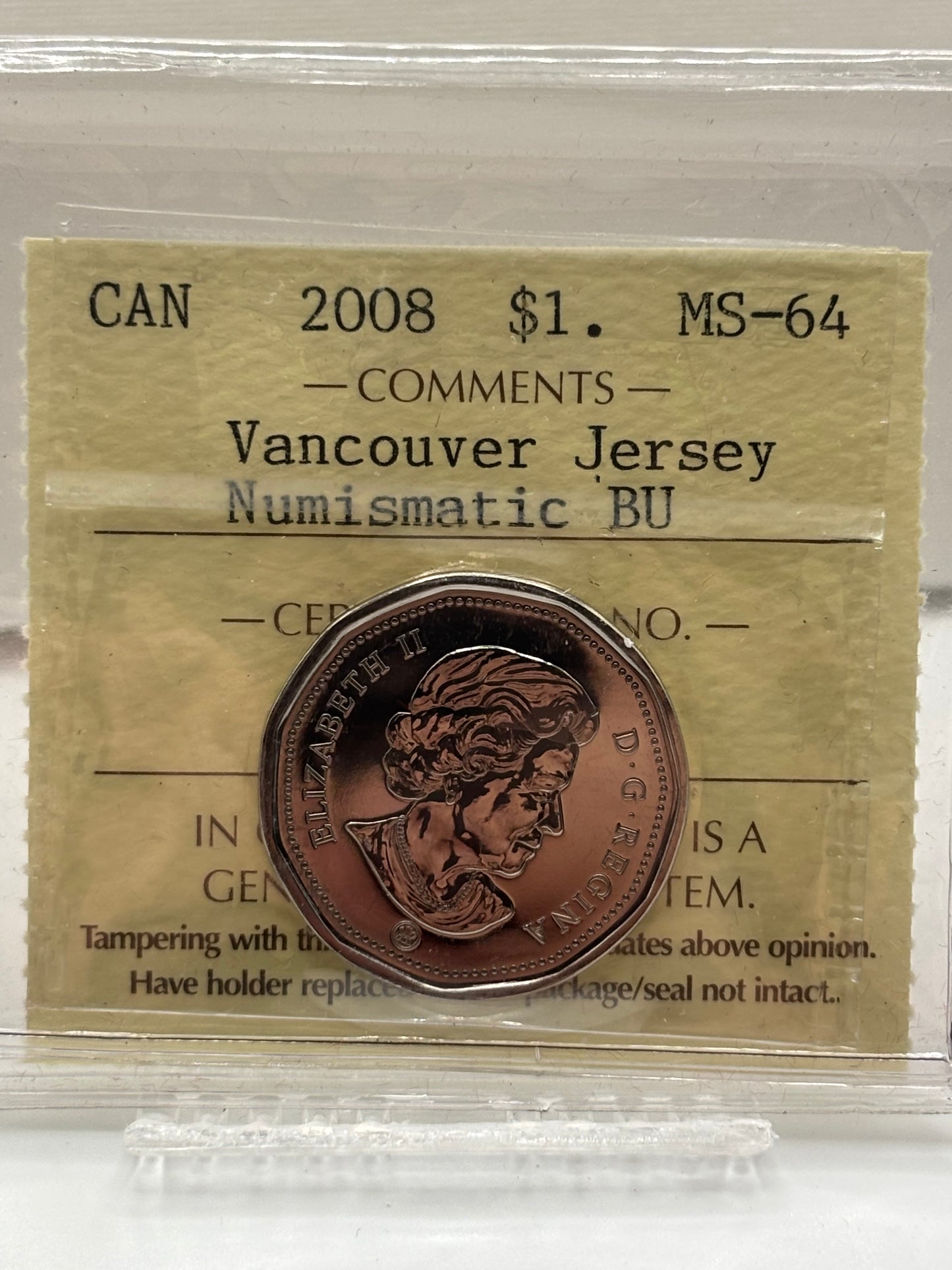 2008 Canada $1 Vancouver Jersey NBU. ICCS Graded MS-64