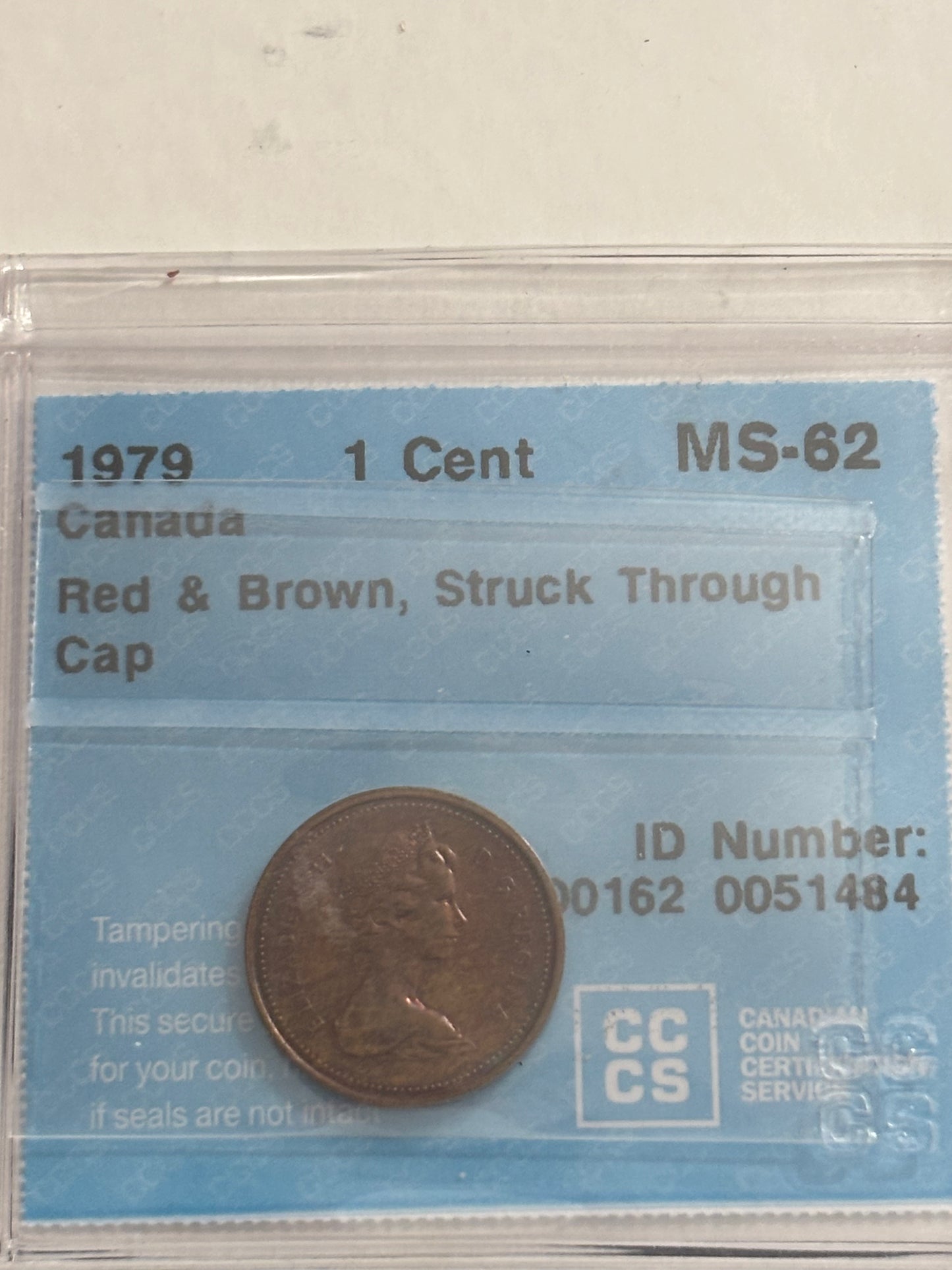 1979 Canada 1 Cent Error Struck Through Cap. CCCS Graded MS-62 Brown