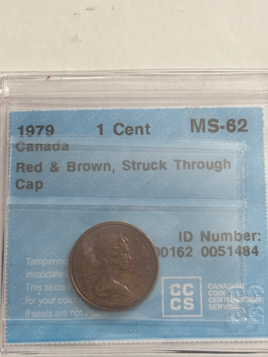 1979 Canada 1 Cent Error Struck Through Cap. CCCS Graded MS-62 Brown