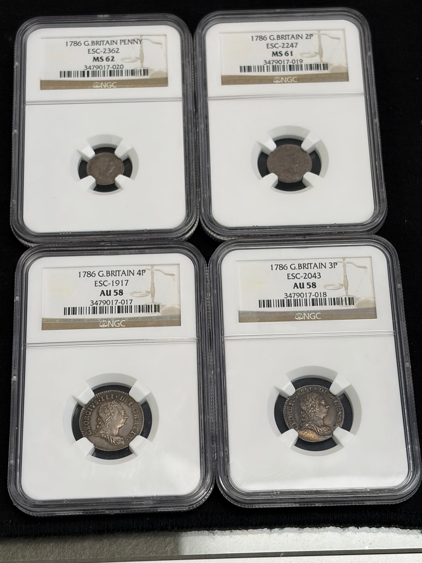 1786 4 coin British Maundy Set NGC Graded AU58-MS62