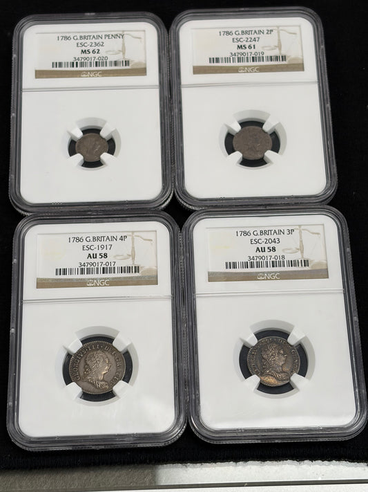 1786 4 coin British Maundy Set NGC Graded AU58-MS62