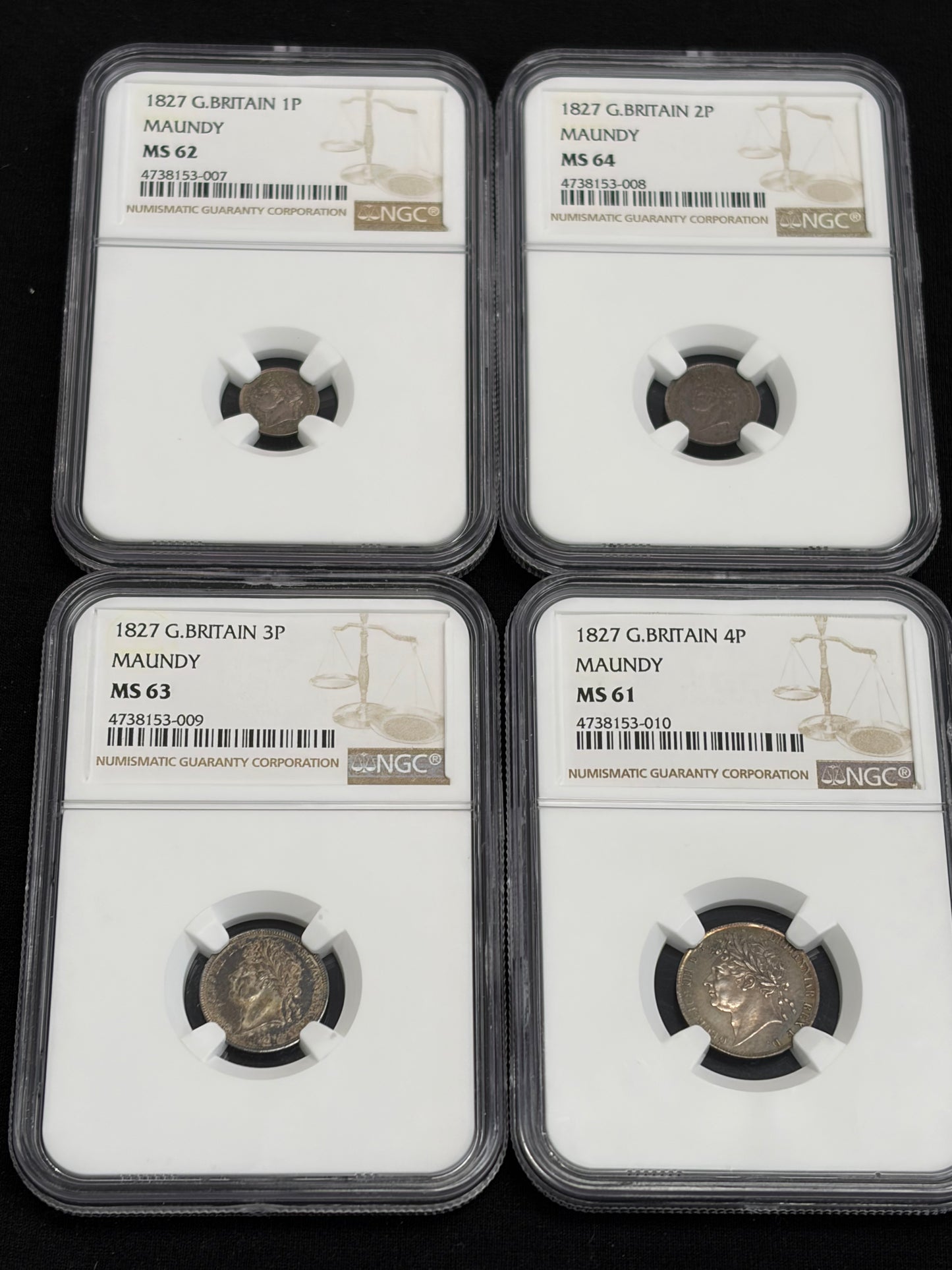 1827 4 coin British Maundy Set NGC Graded MS61-MS64