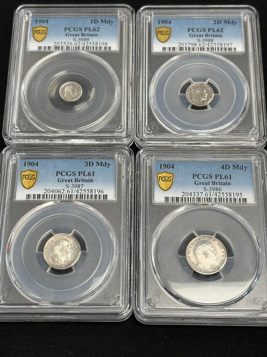 1904 4 coin British Maundy Set PCGS Graded PL-61 and PL-61