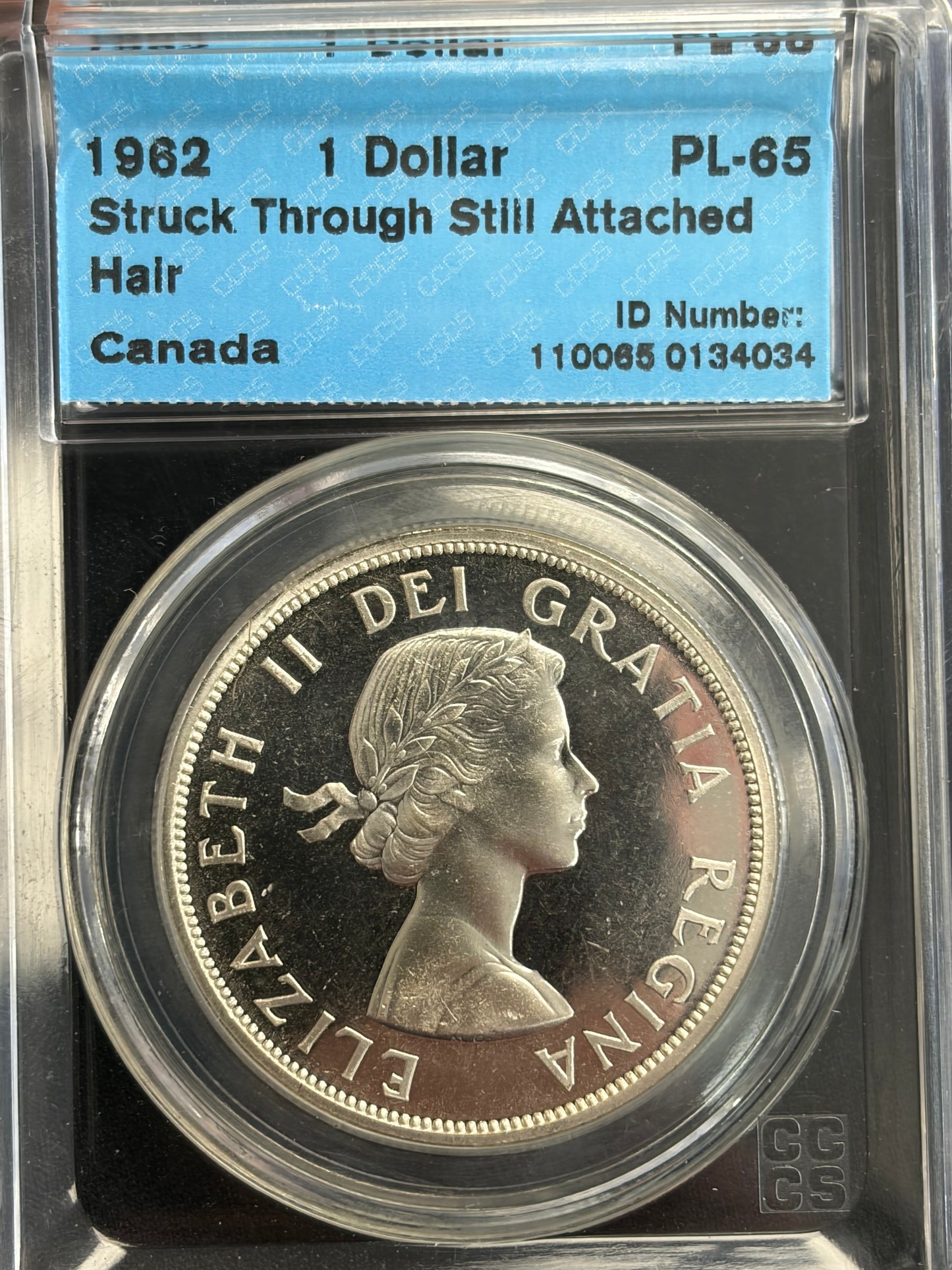 1962 Canada 1 Dollar. CCCS graded PL-65. Extremely Rare Error. Struck through hair with the hair still attached!