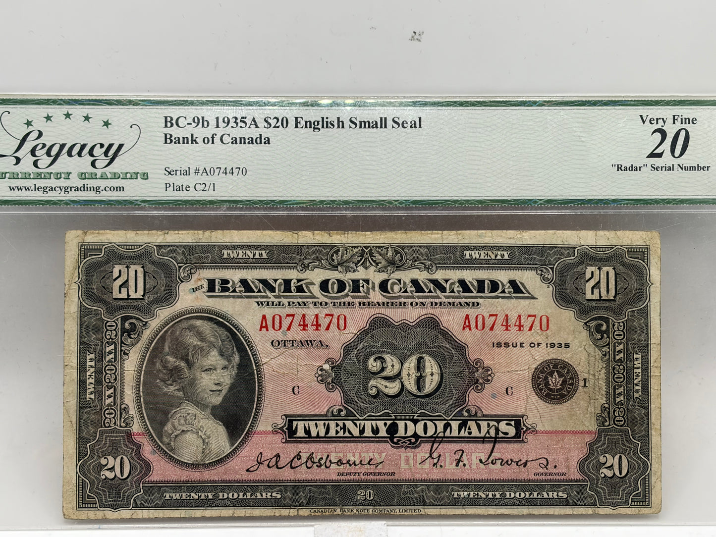 1935 Bank of Canada $20 English Small Seal – BC-9b Radar Serial Number A074470 | Legacy VF-20