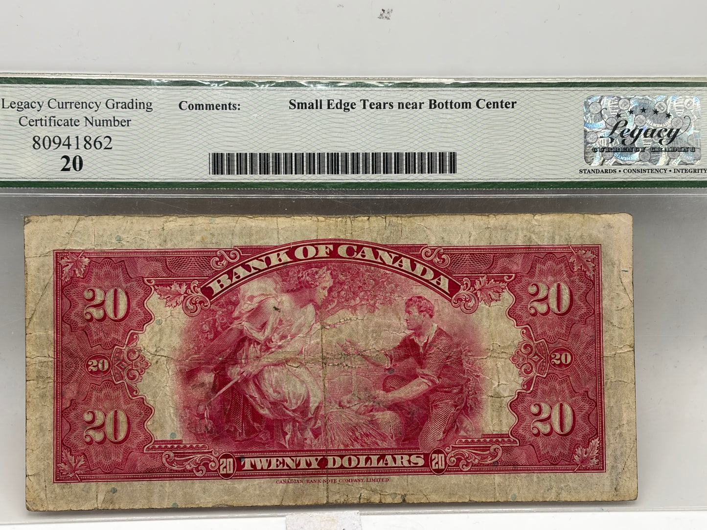 1935 Bank of Canada $20 English Small Seal – BC-9b Radar Serial Number A074470 | Legacy VF-20