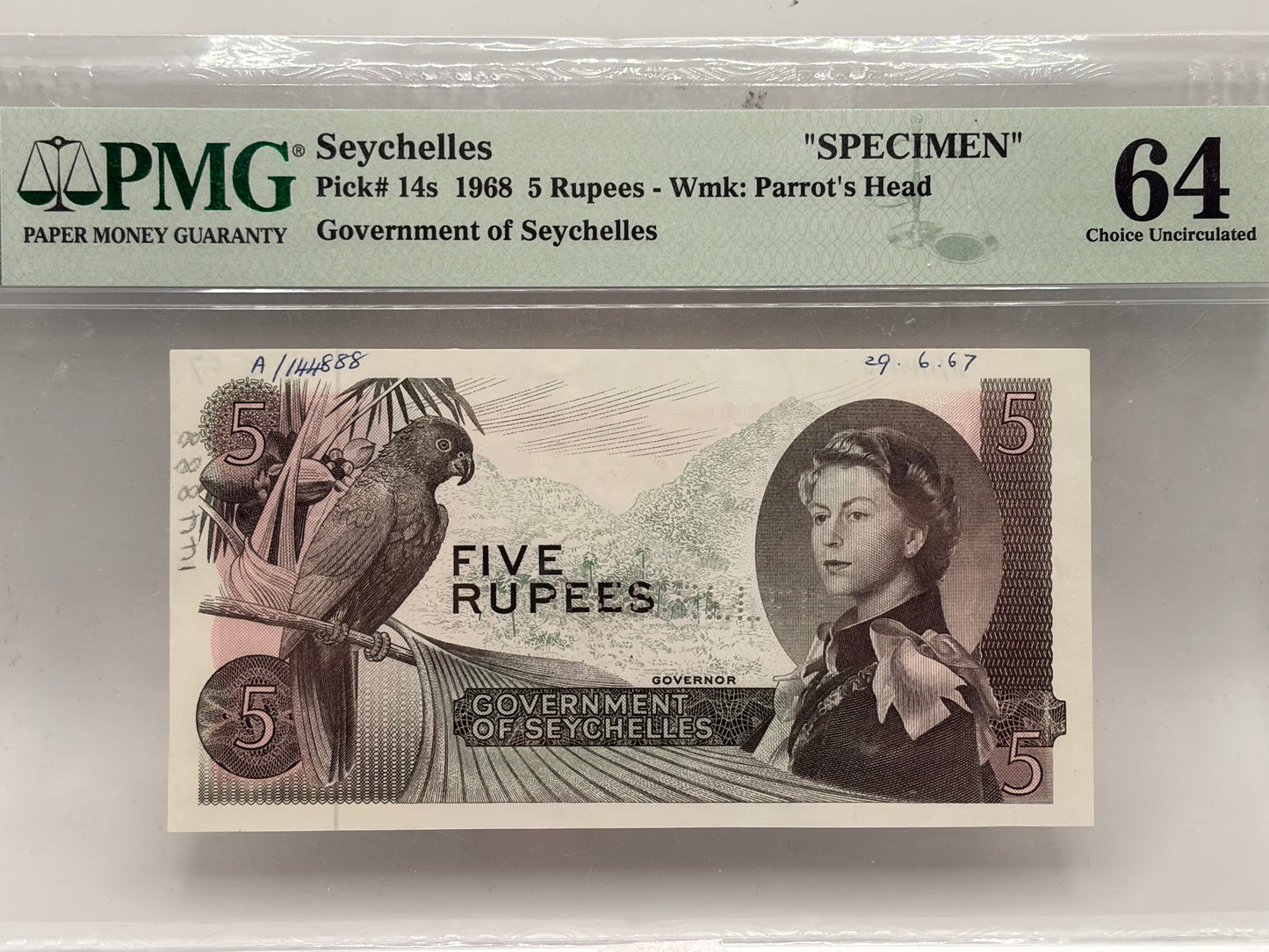 1968 Seychelles 5 Rupees Specimen – Pick 14s – PMG 64 Choice Uncirculated | Printer’s Annotations