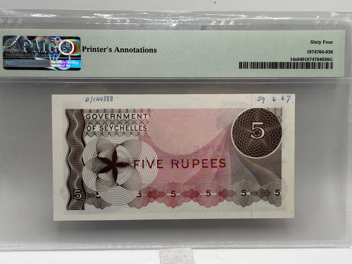 1968 Seychelles 5 Rupees Specimen – Pick 14s – PMG 64 Choice Uncirculated | Printer’s Annotations