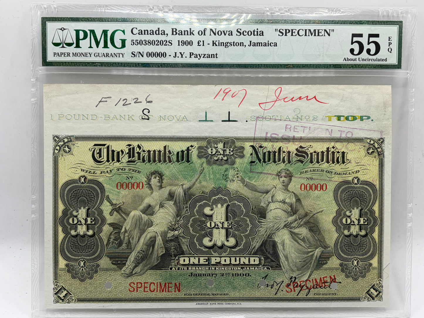 1900 Bank of Nova Scotia Jamaica £1 Specimen Banknote – PMG 55 EPQ | Printer’s Annotations | J.Y. Payzant