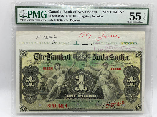 1900 Bank of Nova Scotia Jamaica £1 Specimen Banknote – PMG 55 EPQ | Printer’s Annotations | J.Y. Payzant