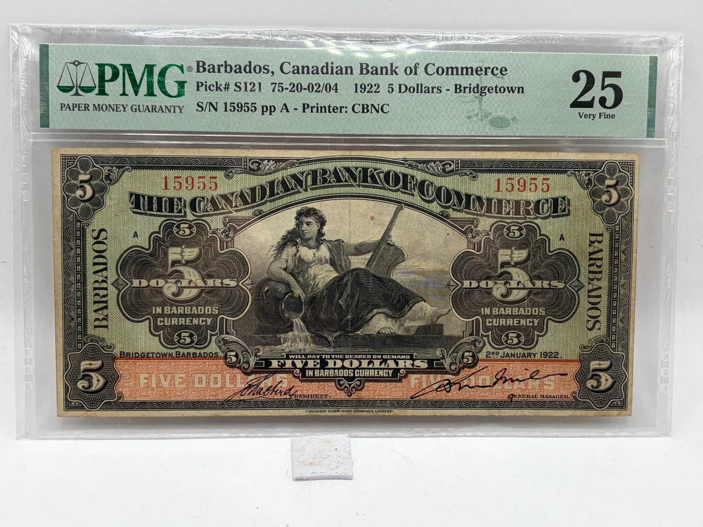 1922 Canadian Bank of Commerce Barbados $5 Banknote – PMG 25 Very Fine | Pick S121
