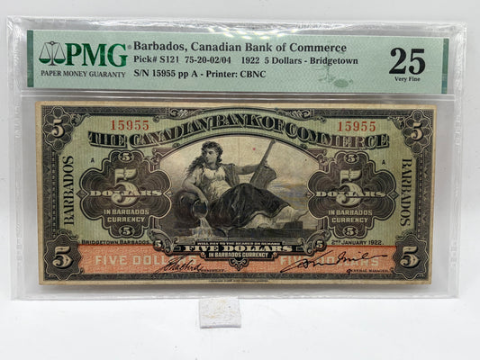 1922 Canadian Bank of Commerce Barbados $5 Banknote – PMG 25 Very Fine | Pick S121