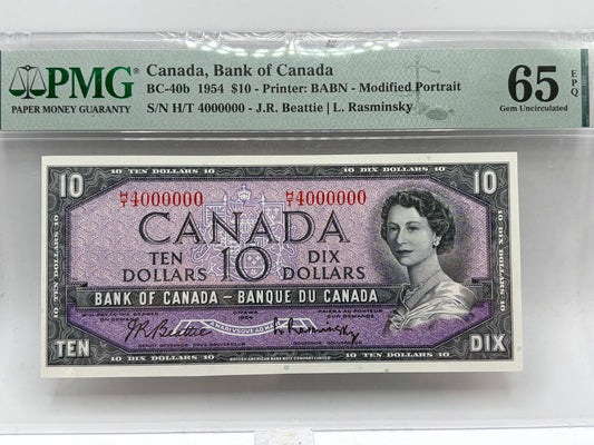 1954 Bank of Canada $10 Modified Portrait – BC-40b | PMG 65 EPQ Gem Uncirculated | 4 Million Serial Number H/T 4000000