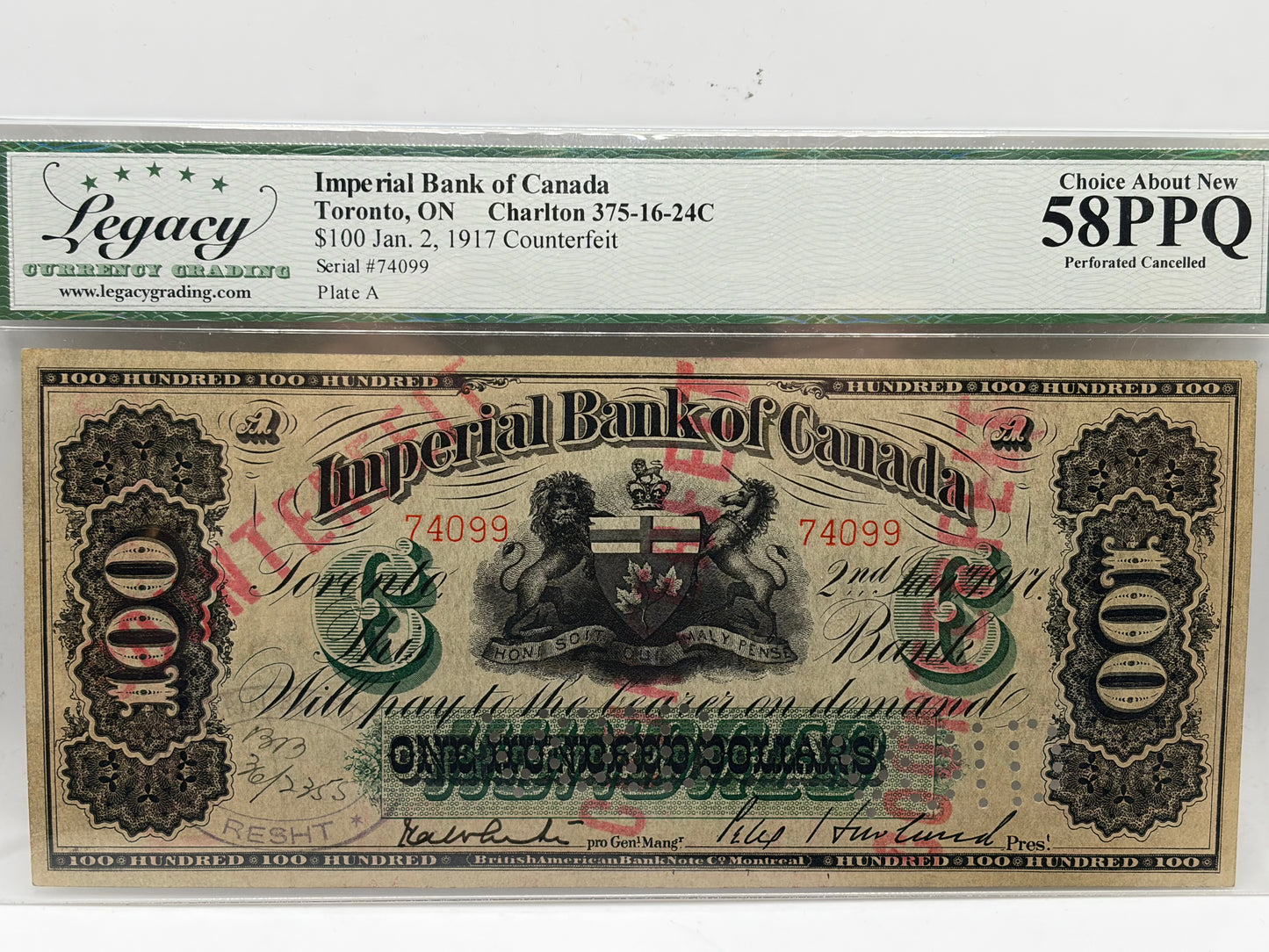 1917 Imperial Bank of Canada $100 Counterfeit Note – Charlton 375-16-24C | Legacy 58 PPQ Choice About New