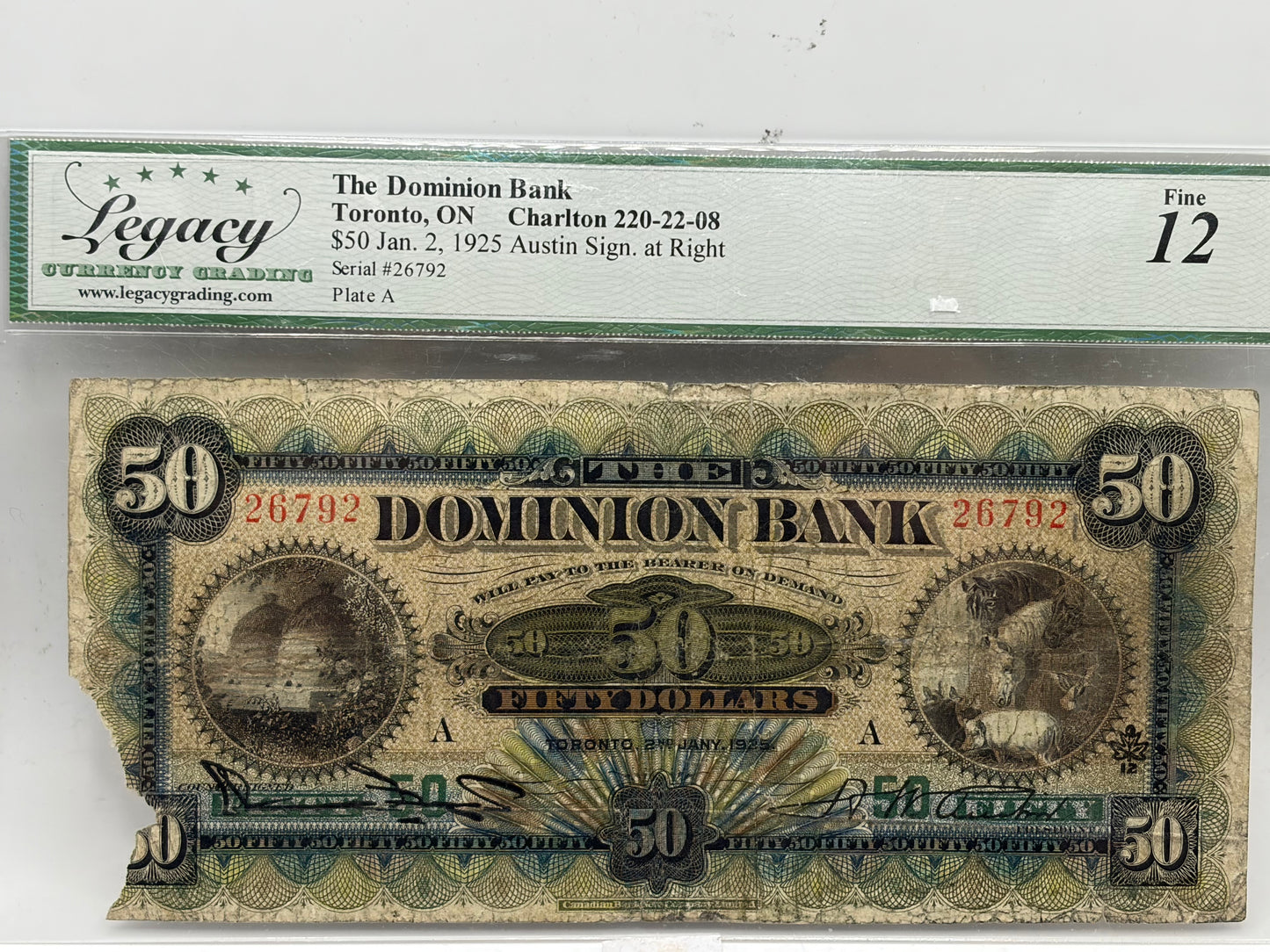 1925 Dominion Bank $50 – Austin Signature at Right – Charlton 220-22-08 | Legacy Fine 12