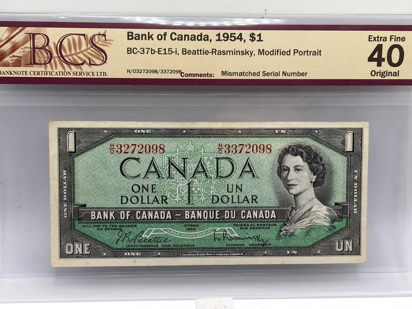 1954 Bank of Canada $1 Mismatched Serial Number Error – BC-37b-E15-i | BCS EF-40 Original