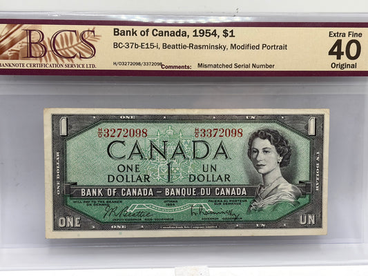 1954 Bank of Canada $1 Mismatched Serial Number Error – BC-37b-E15-i | BCS EF-40 Original