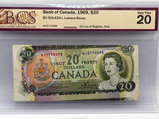 1969 Bank of Canada $20 Cut Out of Register Error – BC-50b-E25-i | BCS VF-20 | Lawson–Bouey