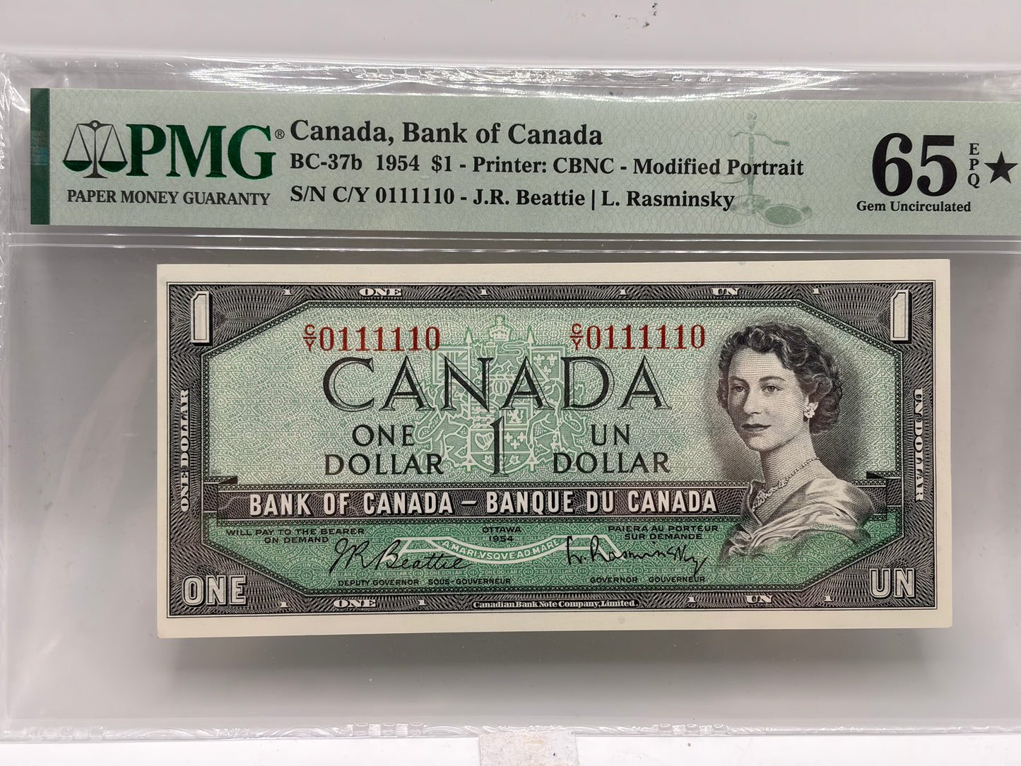 1954 Bank of Canada $1 Binary Radar Rotator Note – PMG Gem UNC 65 EPQ★ | BC-37b | 0111110