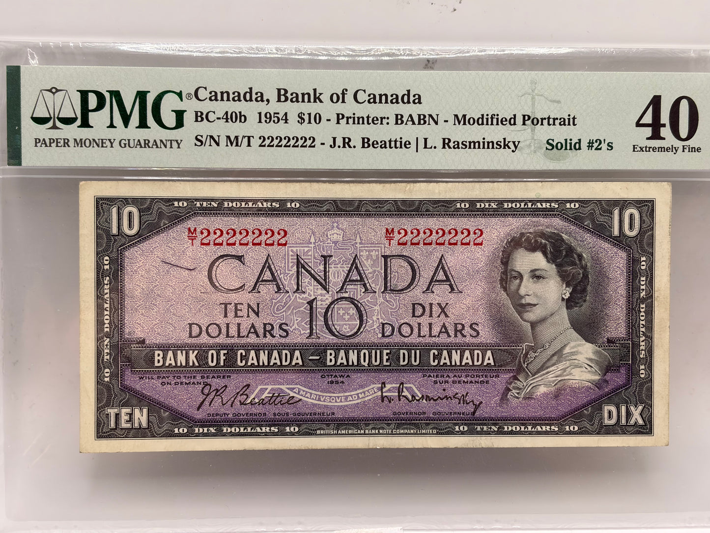 1954 Bank of Canada $10 Solid 2’s Fancy Serial Number PMG 40 EPQ | MT 2222222 | BC-40b