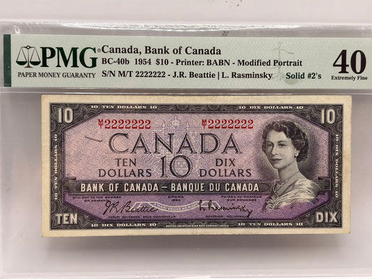 1954 Bank of Canada $10 Solid 2’s Fancy Serial Number PMG 40 EPQ | MT 2222222 | BC-40b