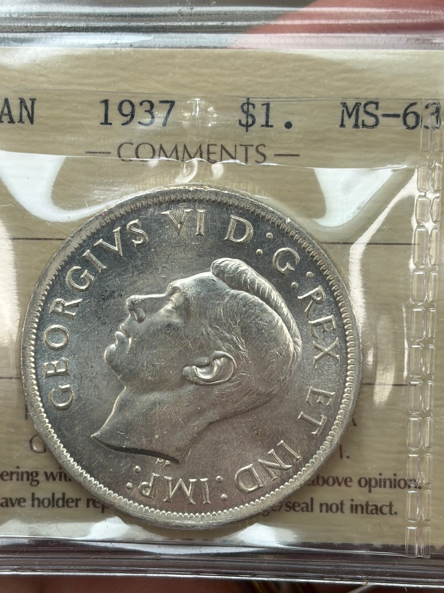 1937 Canada Silver Dollar | ICCS MS-63 | King George VI Voyageur Dollar | Brilliant Mint State