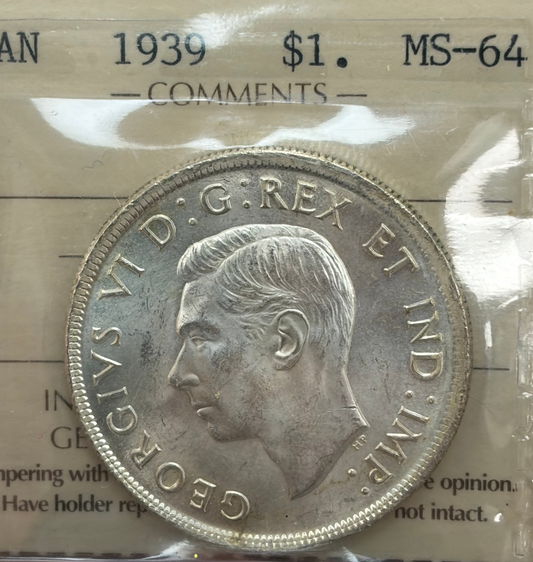 1939 Canada Silver Dollar | ICCS MS-64 | Parliament Building “Fide Svorum Regnat” Dollar | Near Gem Silver Coin