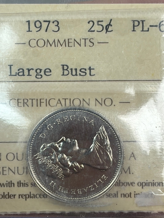 1973 Canada RCMP Centennial Large Bust Silver Proof Quarter | ICCS PL-65 | Scarce Variety