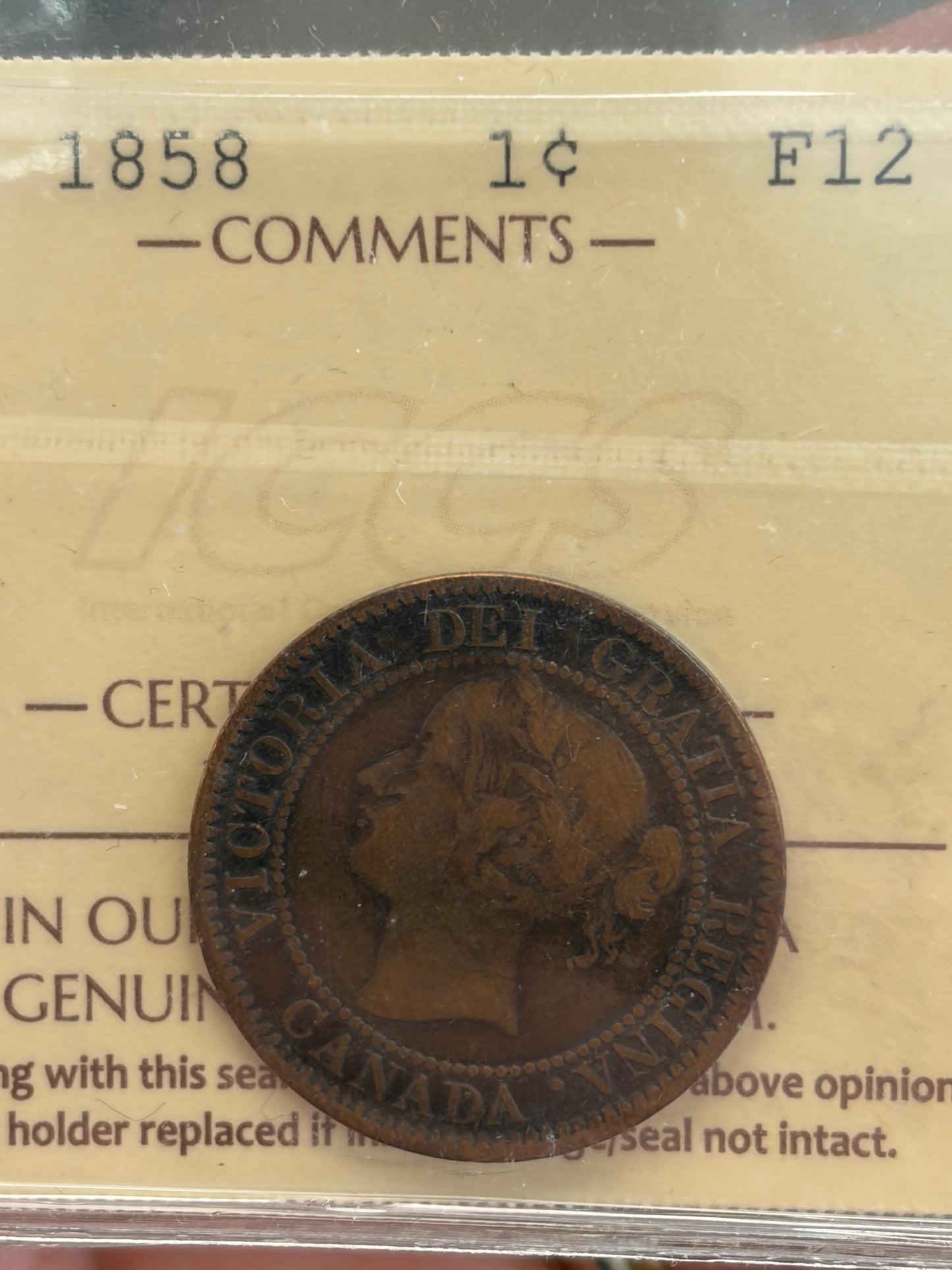 1858 Canada Large Cent | ICCS F-12 | Province of Canada One Cent | Queen Victoria Copper Coin. Key Date