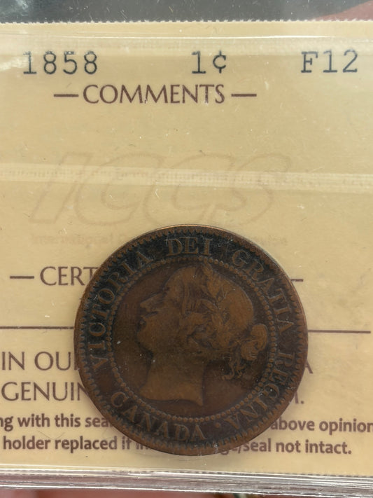 1858 Canada Large Cent | ICCS F-12 | Province of Canada One Cent | Queen Victoria Copper Coin. Key Date