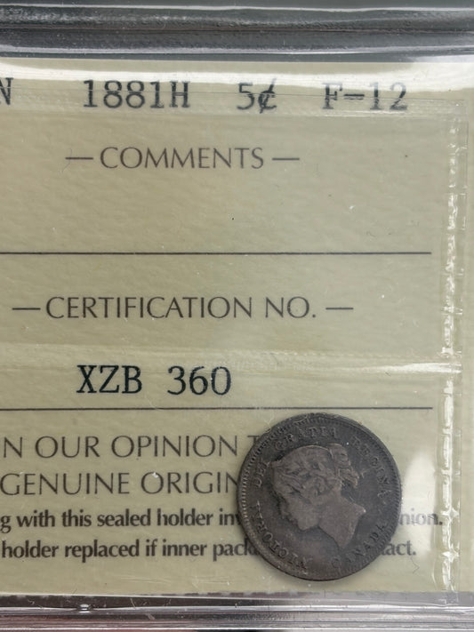 1881-H Canada 5 Cents | ICCS F-12 | Queen Victoria Silver Five Cent | Heaton Mint