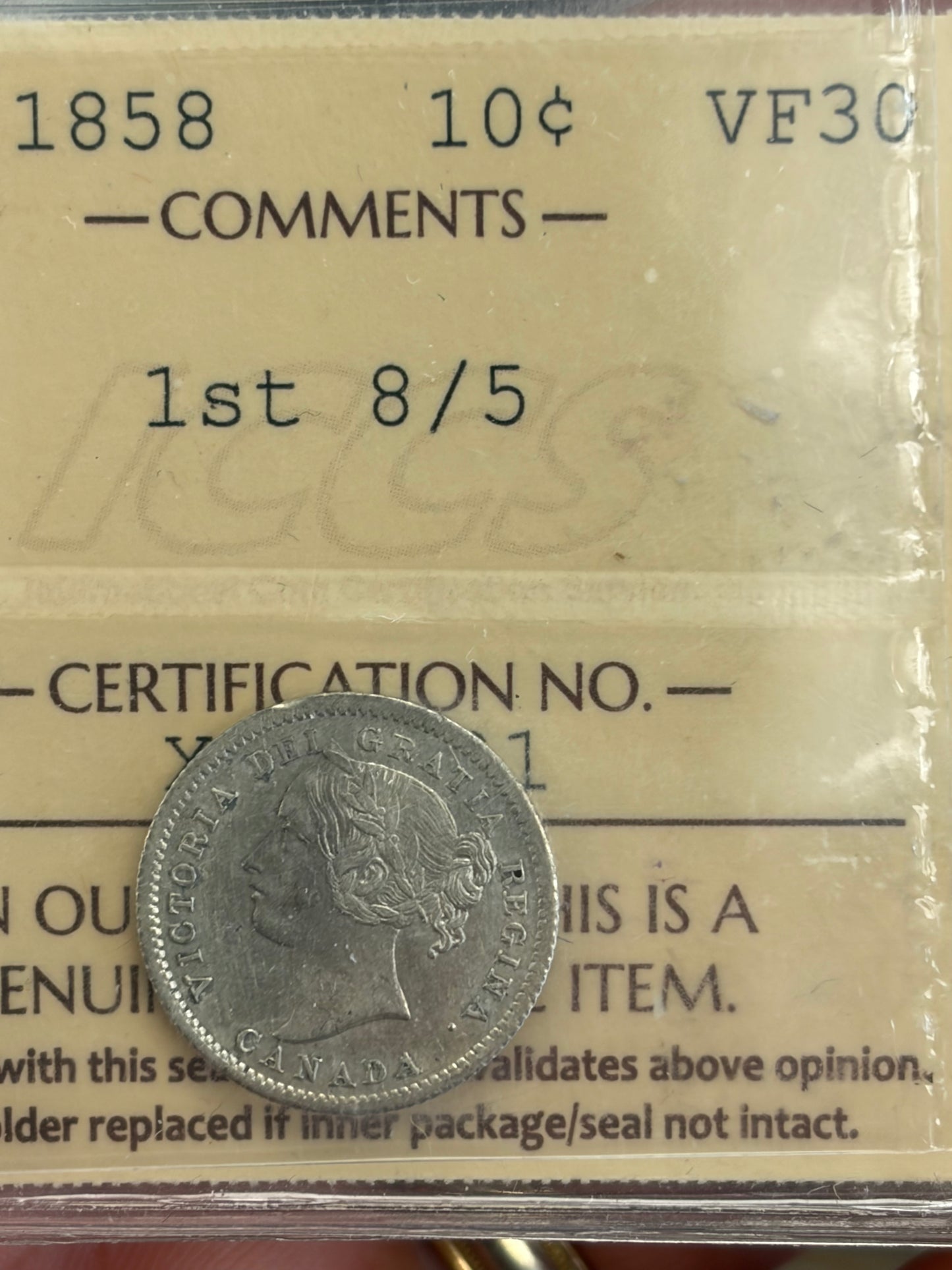 1858 Canada 10 Cents 1st 8/5 Overdate | ICCS VF-30 | Silver Dime | Queen Victoria