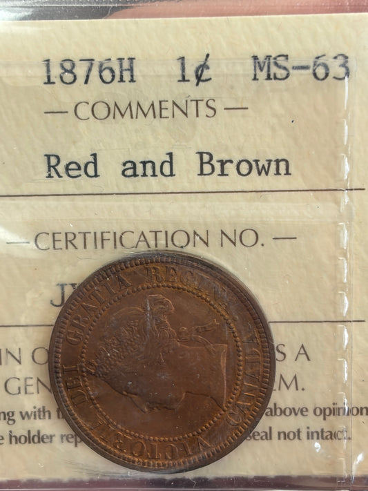 1876-H Canada Large Cent | ICCS MS-63 Red & Brown | Victorian Penny | Heaton Mint