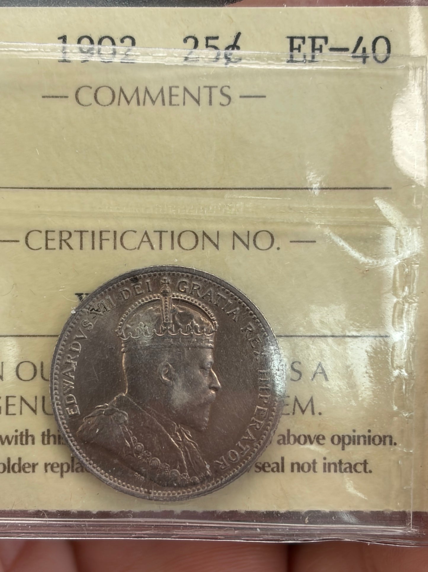 1902 Canada Silver 25 Cents Quarter | ICCS EF-40 | King Edward VII | Certified