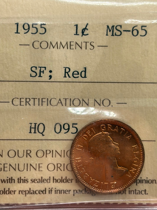 1955 Canada 1 Cent Penny SF | ICCS MS-65 Red | Near Gem Choice Brilliant Uncirculated