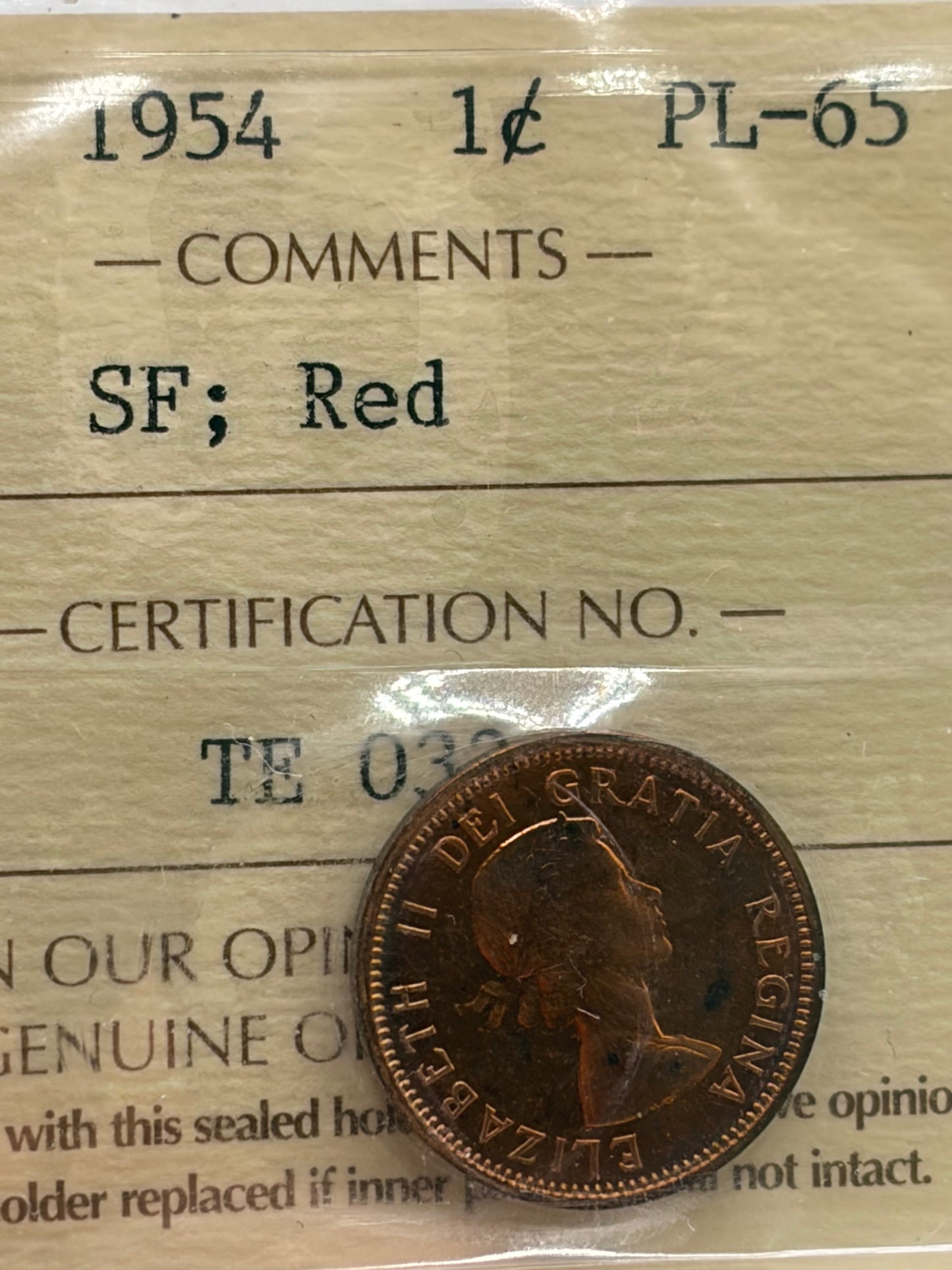 1954 Canada 1 Cent Penny SF | ICCS PL-65 Red | Gem Proof-Like Shoulder Fold Cent