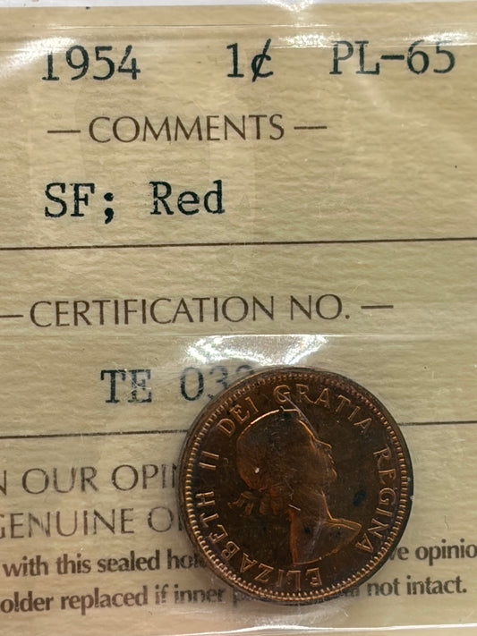 1954 Canada 1 Cent Penny SF | ICCS PL-65 Red | Gem Proof-Like Shoulder Fold Cent