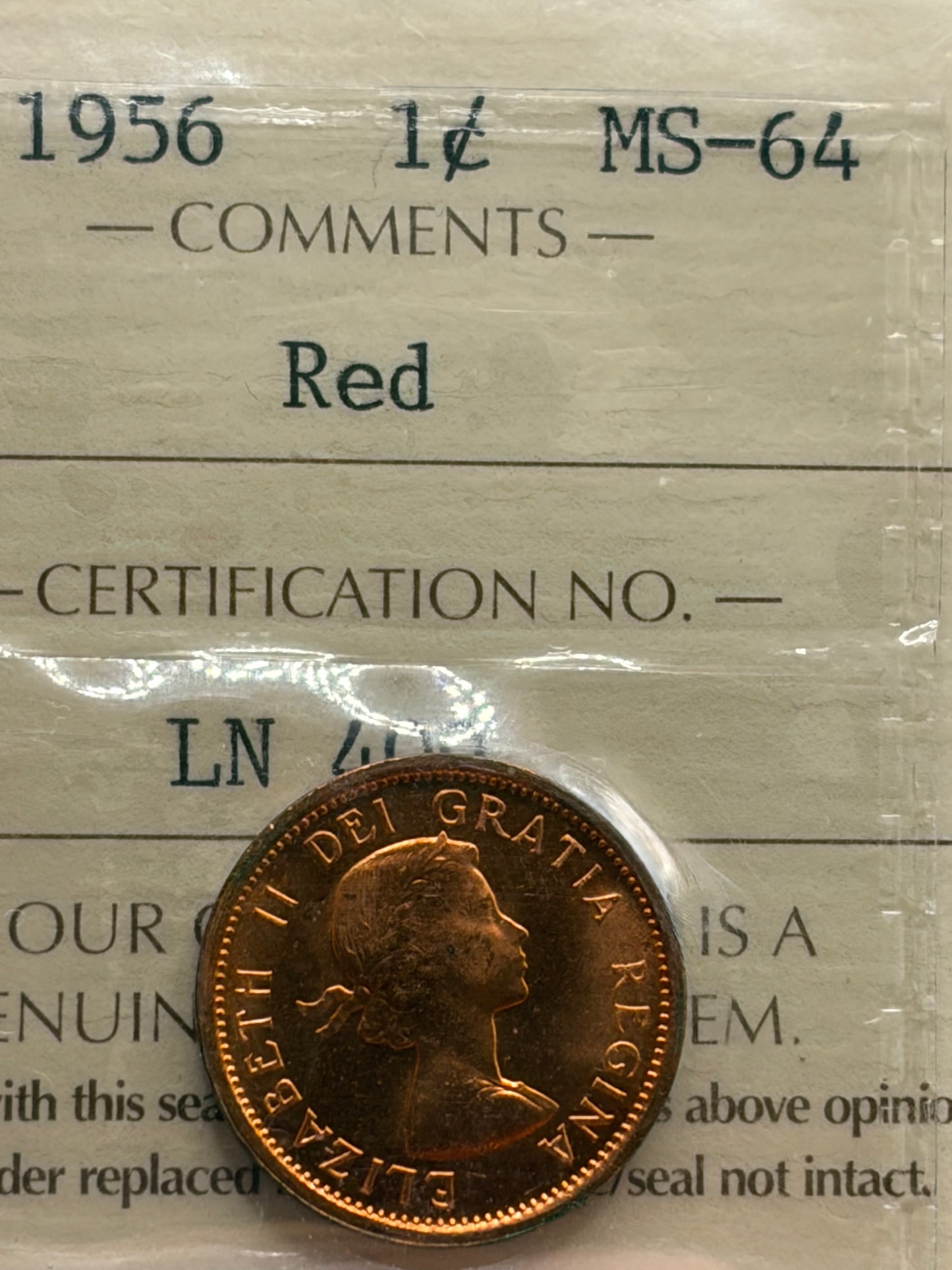 1956 Canada 1 Cent Penny | ICCS MS-64 Red | Brilliant Uncirculated Bronze Cent