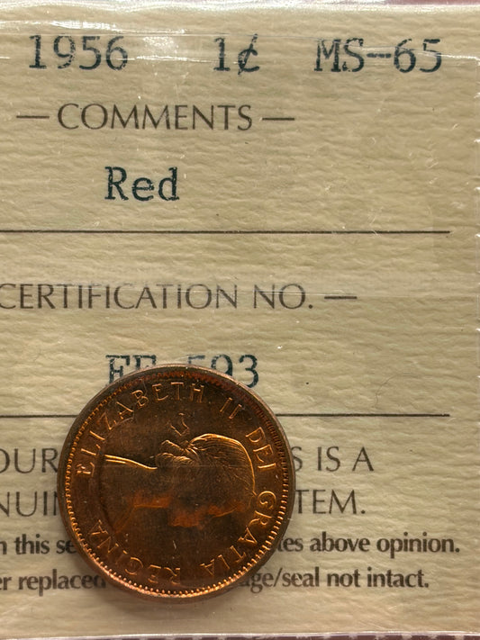 1956 Canada 1 Cent Penny | ICCS MS-65 Red | Gem Brilliant Uncirculated Bronze Cent