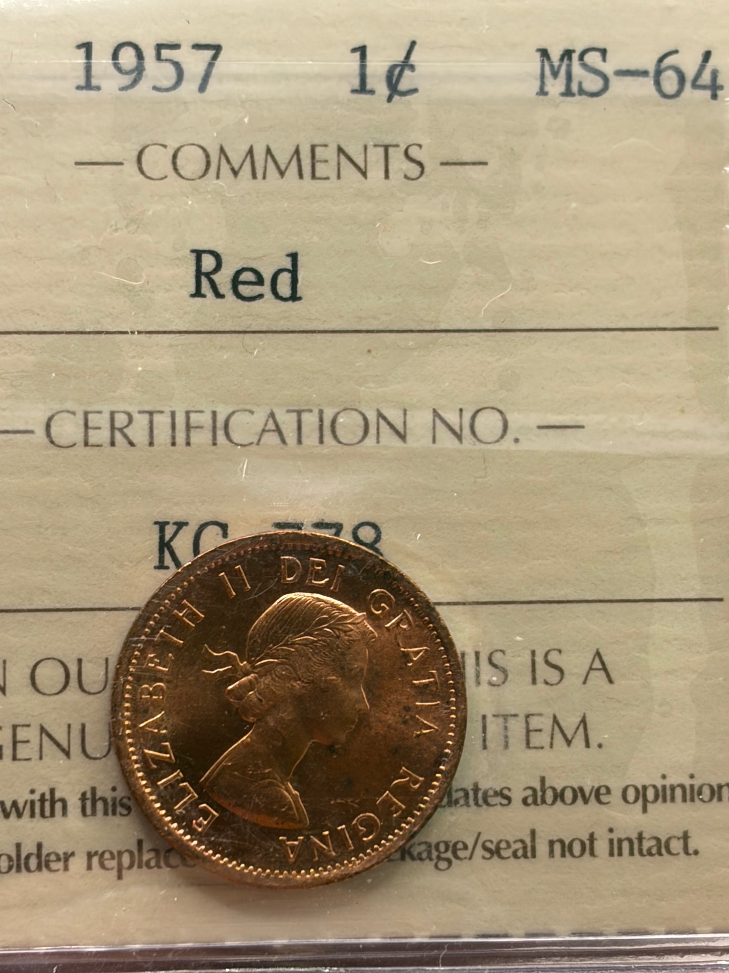 1957 Canada 1 Cent Penny | ICCS MS-64 Red | Brilliant Uncirculated Bronze Cent