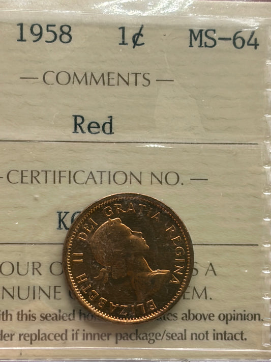 1958 Canada 1 Cent Penny | ICCS MS-64 Red | Brilliant Uncirculated Bronze Cent