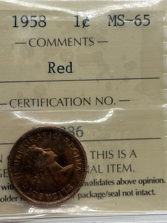 1958 Canada 1 Cent Penny | ICCS MS-65 Red | Gem Brilliant Uncirculated Bronze Cent
