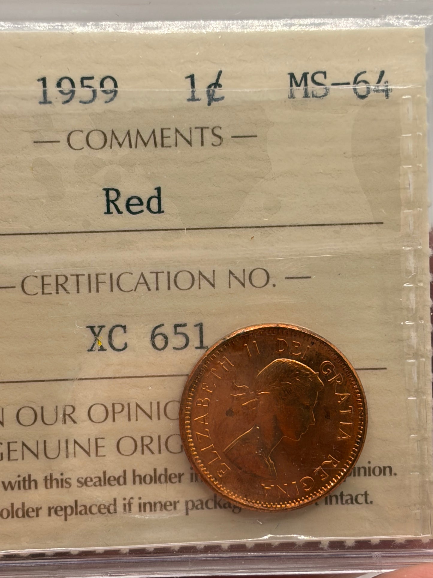 1959 Canada 1 Cent Penny | ICCS MS-64 Red | Brilliant Uncirculated Bronze Cent