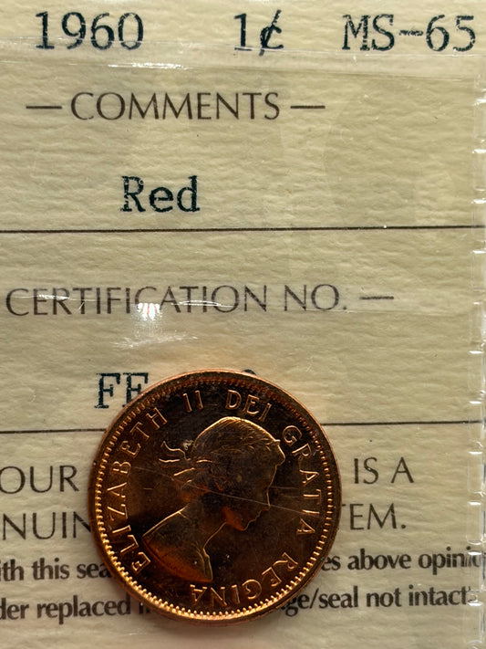 1960 Canada 1 Cent Penny | ICCS MS-65 Red | Gem Brilliant Uncirculated Bronze Cent