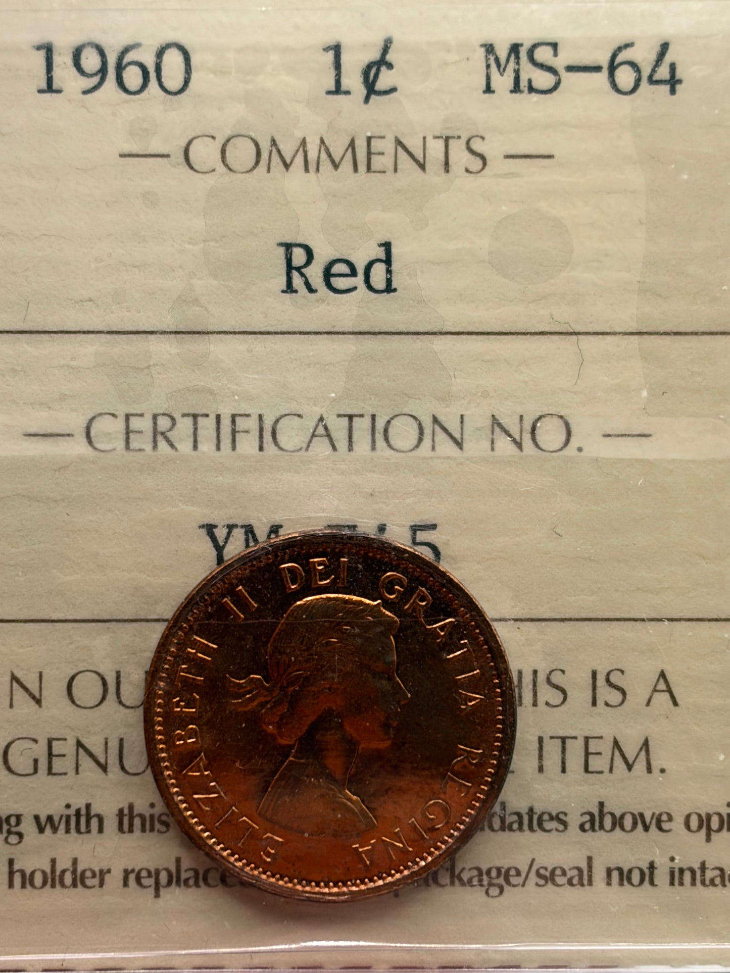 1960 Canada 1 Cent Penny | ICCS MS-64 Red | Brilliant Uncirculated Bronze Cent